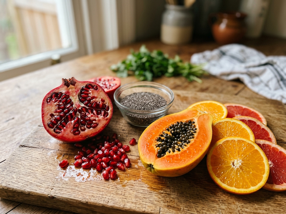 Vibrant, appetizing spread of fresh pomegranate, chia seeds, papaya and citrus on a kitchen table