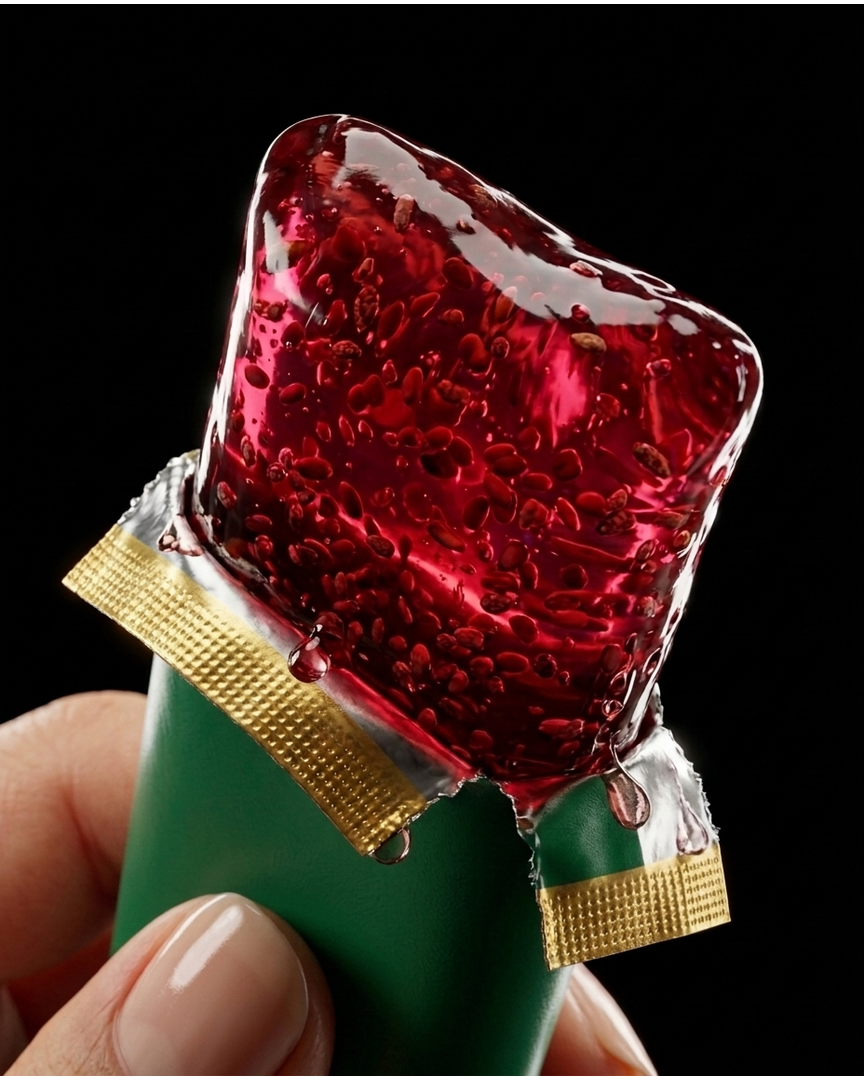 Phone photo of a hand holding an opened Hinuki Lean Habit jelly stick over a kitchen counter