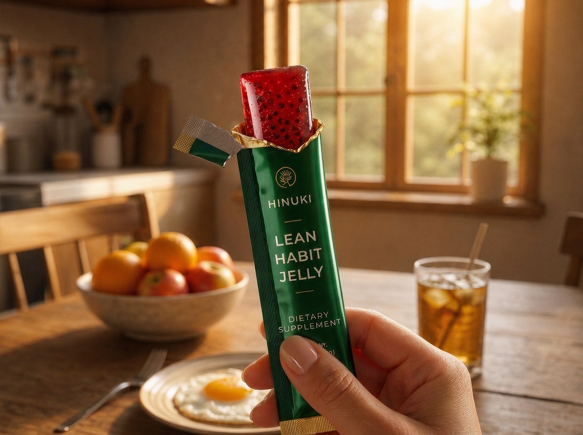 Candid phone photo of a hand holding an opened Hinuki Lean Habit jelly stick with pomegranate jelly