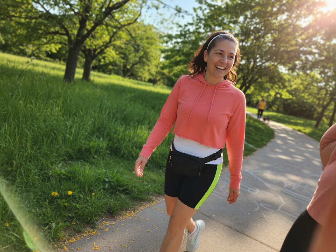 Candid phone photo of a woman walking in a sunny park looking energized