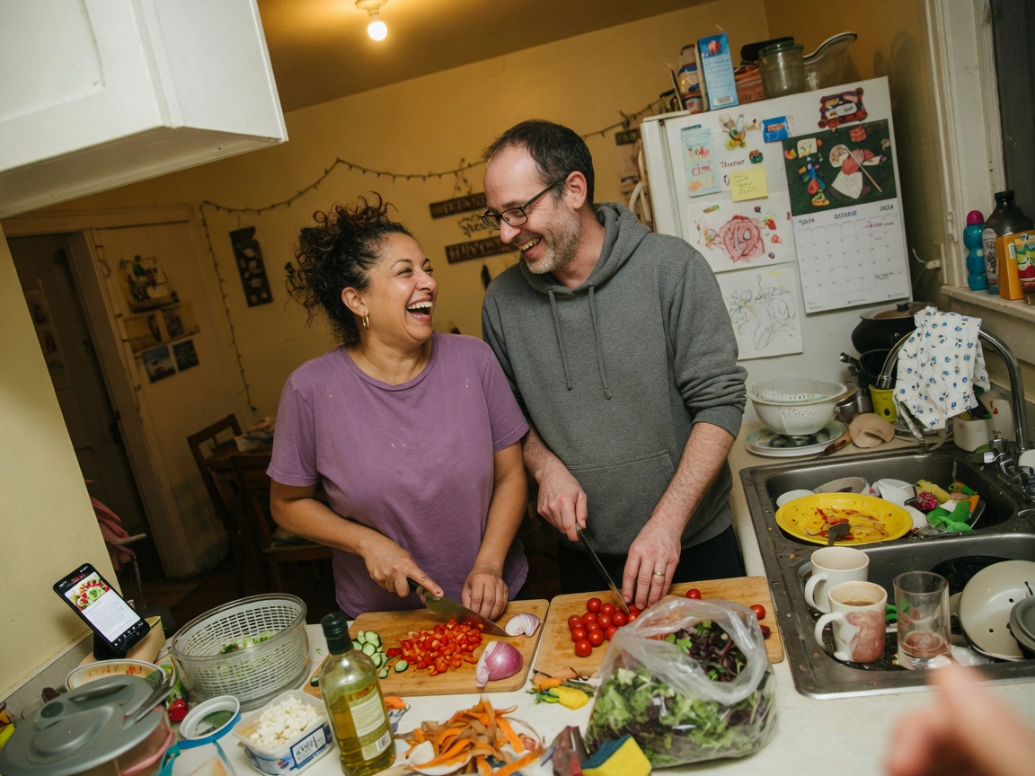 Candid phone photo of a couple laughing while preparing a healthy salad at home