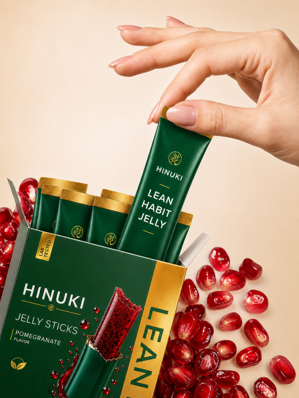 Hinuki Lean Habit jelly stick package on a clean white background surrounded by pomegranate halves and scattered arils